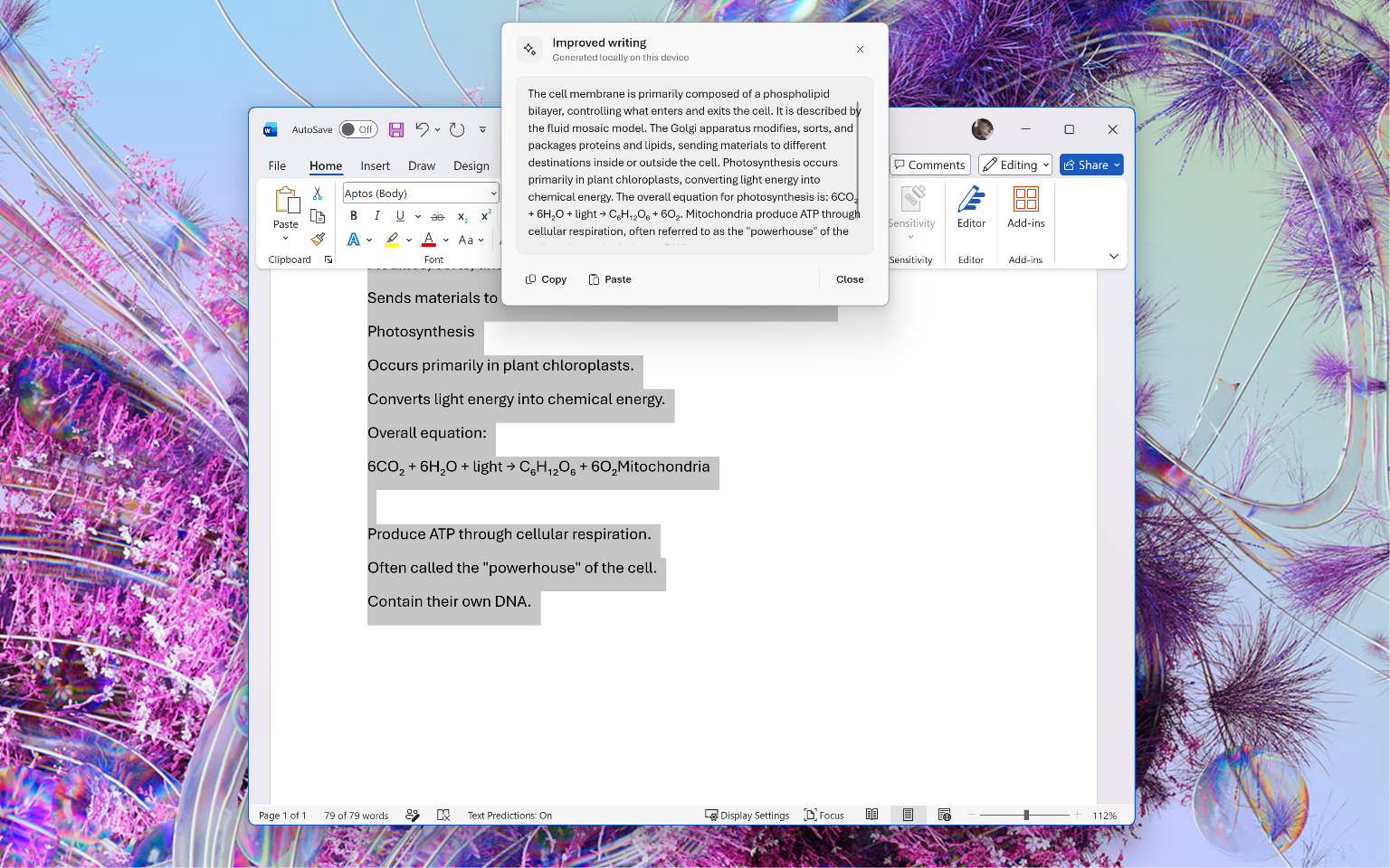 The ModernPaste writing overlay improving text in a Word document, labeled generated locally on this device