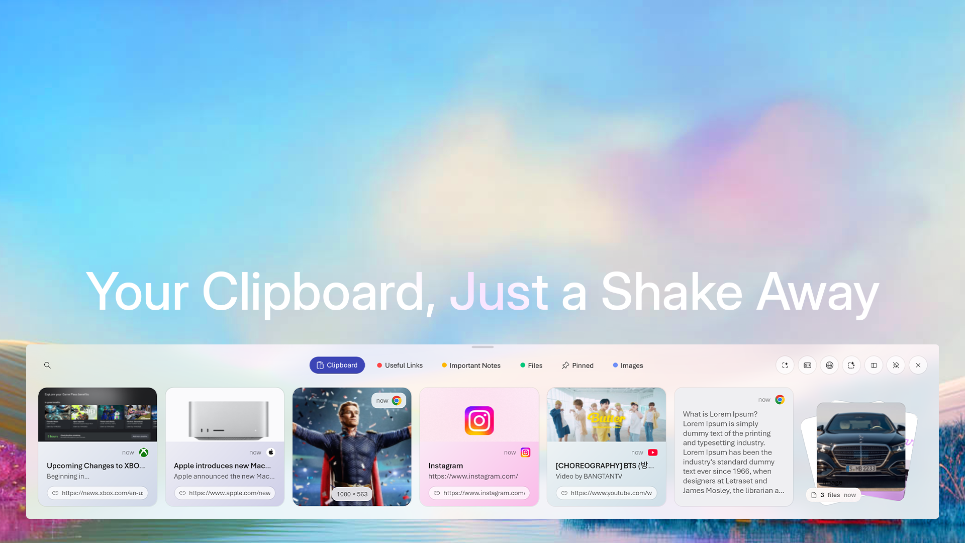 The ModernPaste overlay: a horizontal strip of clipboard cards with collection tabs for Clipboard, Useful Links, Important Notes, Files, Pinned, and Images